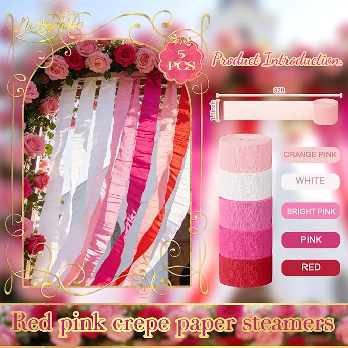 NICROLANDEE 5 Rolls Pink Red White Crepe Paper Streamers for Wedding, Birthday, Valentine's Day Decorations, Bachelorette, Bridal Baby Shower, Backdrop or Photo Booth