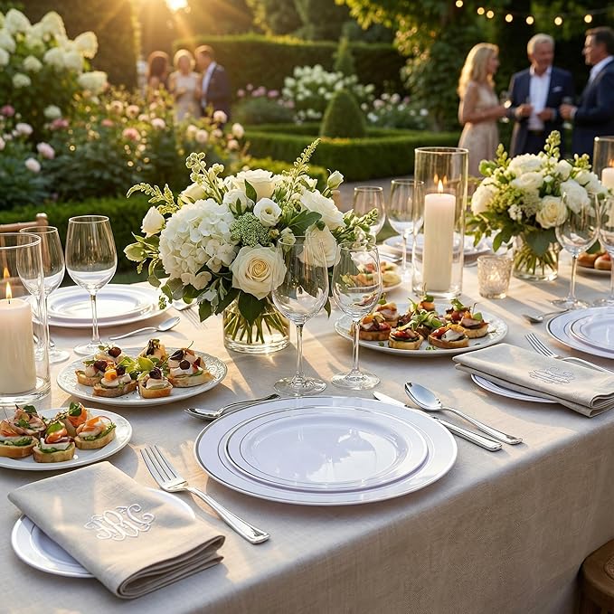 Supernal 400pcs Silver Plastic Dinnerware Set Heavy Duty Disposable Plates Include Silver Plastic Dessert Plates,50 Spoons & Knives & Cups & Napkins & 100 Forks,Prfect For Party and Wedding