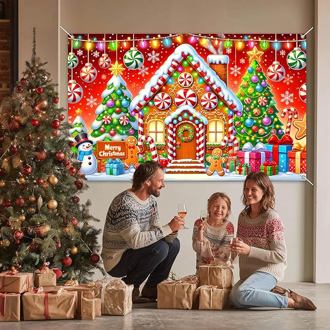 Gingerbread House Backdrop 71x43 Inches Christmas Candy Scene Banner Holiday Party Photo Background Merry Christmas Backdrop for Photography Indoor Outdoor Winter Decorations
