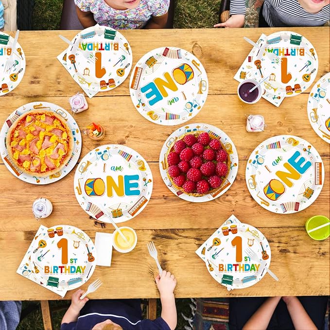 96Pcs Music First Birthday Decorations Plates Musical Instrument Theme Plates and Napkins Music Notes Tableware Set for Musical Birthday Party Music Theme Baby Shower Supplies, Serves 24