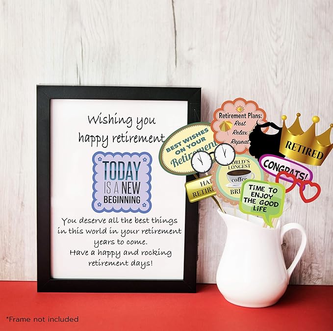 Scapa Pro Retirement Photo Booth Props 36 pc Party Supplies for Pictures and Decorations Includes Colorful Photo Props and Phrase Signs Unisex Retirement Decor