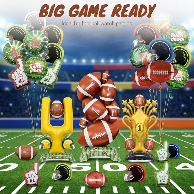 Football Party Decorations Balloon Set, 16PCS 59in Jumbo Foil Football Balloons with Trophy, Field Goal Post, Helmets & #1 Finger – Game Day Big Game Decorations for Birthday, Sports Party (Style 1)