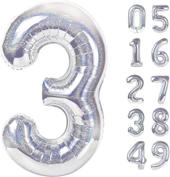 Laser Silver 3 Balloon, Number Balloons 40 Inch, 3rd Birthday Decorations for Kids Girls Women Party Supplies for Party Decorations, Number 3 Balloon