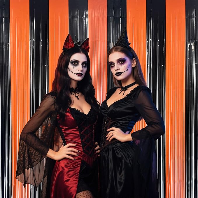 Halloween Party Decorations Indoor, Black and Orange Halloween Backdrop Foil Fringe Tinsel Curtains Streamer for Photography - 2 Packs, 3.28 x 6.56ft