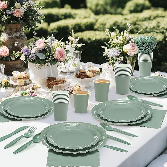 350 Pcs Sage Green Plates and Napkins, 50 Guest Easter Spring Party Supplies Include Scalloped Paper Plates Napkins Cups Plastic Spoons Forks Knives Disposable Tableware Set for Baby Shower