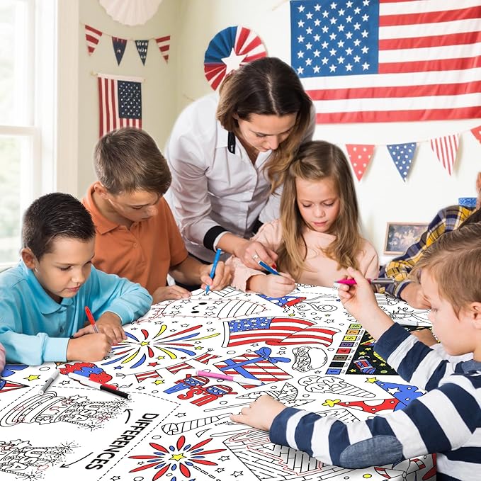 Gatherfun 4th of July Patriotic Party Supplies Color-in Disposable Paper Tablecloth | 54x88 in Independence Day Party Decorations Set for American Flag-Themed, School & Special Events