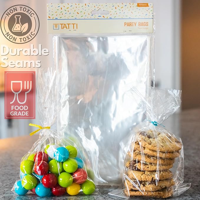 TATTI 100 Pack Clear Cellophane Bags for Favors - Transparent Goodie Bags for Birthday Party, 6x10 Inch Clear Bags with 5-Inch Twist Ties - Candy, Treat, Cookie Bags for Gift Giving