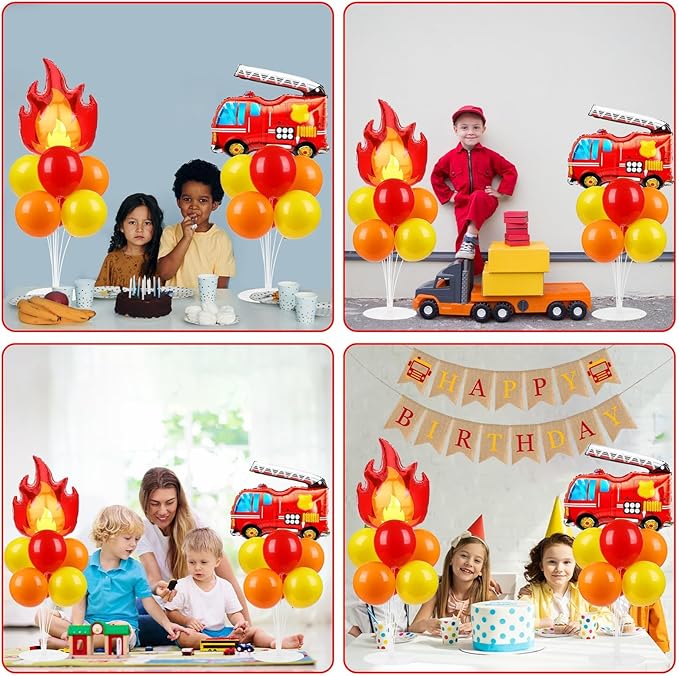 Fire Party Balloons Stand Kit 2 Sets with 2 Fire Truck Foil Balloons Fireman Firefighter Themed Party Balloon Centerpiece for Tables for Firefighter Rescue Birthday Party Decorations