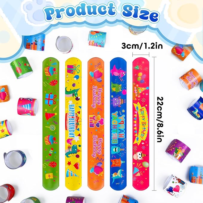 36 Pcs Happy Birthday Slap Bracelets for Kids, 12 Styles Colorful Bulk Slap Wristbands - Birthday Snap Bracelets for Summer Party Favors Gift Exchange
