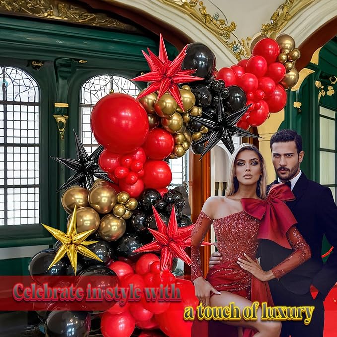 Black Red and Gold Balloon Garland Arch Kit 150PCS – Starburst Balloons for 2025 Graduation Party Decorations, Prom, Class of 2025, Movie Night or Casino Theme Celebration