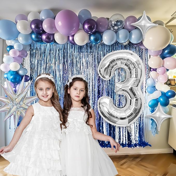 Snow 3rd Birthday Decorations Girl, Snowflake Balloon Garland Arch Kit, Laser Explosion Star Balloons, Silver Number 3 Balloon Tower for Baby Shower Girls 3rd Snow Theme Party Supplies