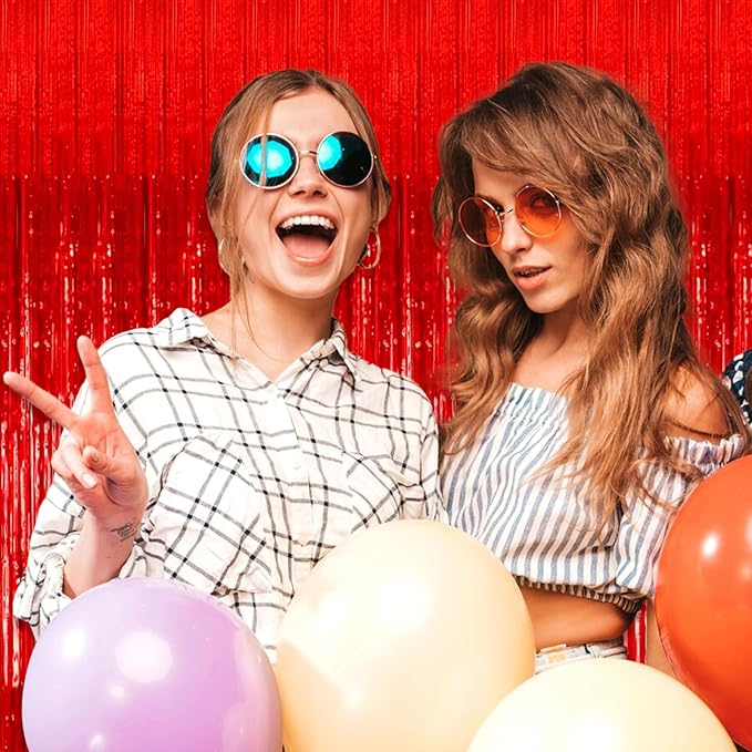 3 Pack Red Foil Fringe Curtain Backdrop, 3.28Ft x 6.6Ft Metallic Tinsel Foil Fringe Streamer Curtains for Photo Booth, Christmas Day, Thanksgiving, Wedding, New Year Party Decorations