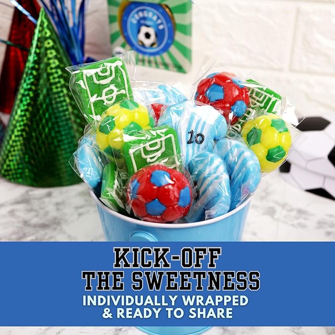 Soccer Lollipops, Ball, Jersey, and Field Individually Wrapped Suckers, Sports Team Party Favor Candy and Goodie Bag Fillers, 18 Count