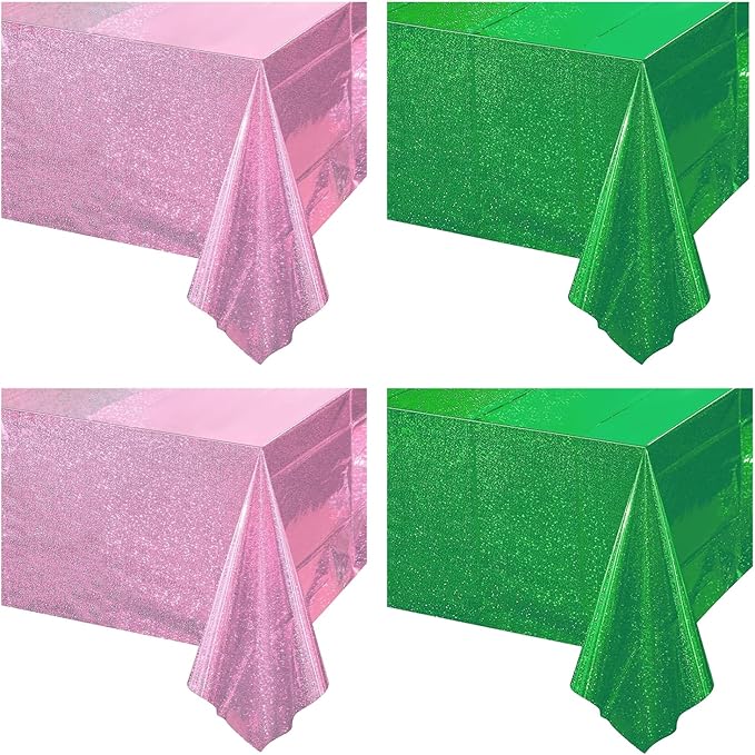 4Pcs Pink Green Holographic Tablecloths Rectangular Iridescent Tablecloth Shimmer Metallic Table Covers for Witch Green and Pink Birthday Decorations, 54 x 108inch