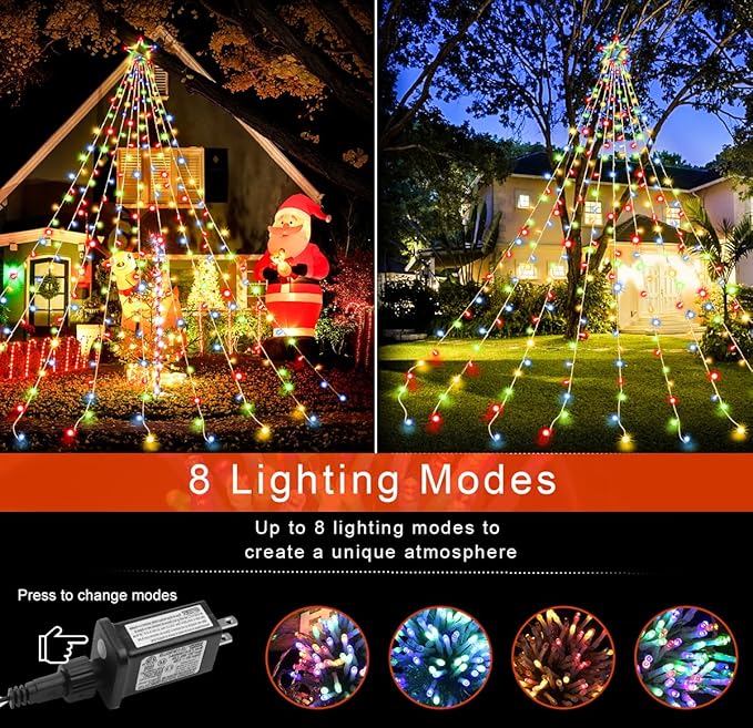 PUHONG Christmas Lights, Decorations Star Lights, 320 LED Christmas Tree Lights Outdoor, Outdoor String Lights, 8 Light Modes with 12" Lighted Star for Xmas New Year (Iron-Multicolor)