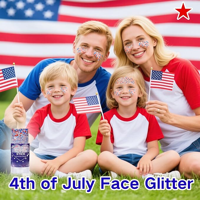 Red White Blue Hair Glitter Stick,Patriotic Face Body Glitter,4th of July Accessories,Fourth of July Outfits for Women,Patriotic Day Memorial Day Waterproof Chunky Glitter Makeup