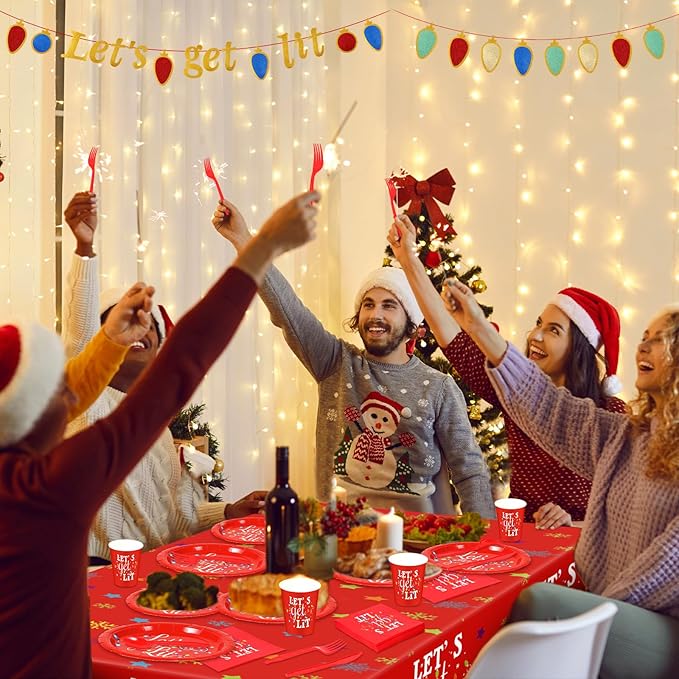 Baderke 195 Pcs Christmas Party Supplies Let's Get Lit Disposable Tableware Set Red Christmas Plates Tablecloth Banner Napkins Cups Forks Knife Spoon Friendsmas Xmas Holiday Decorations for 24 Guests