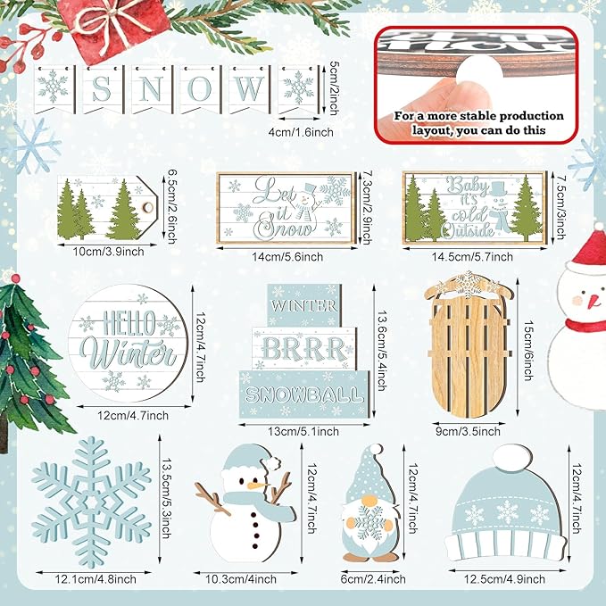 15 Pcs Winter Tiered Tray Decor Snowman and Snowflakes Wooden Signs Farmhouse Winter Tiered Tray Decorations Set Wood Table Decor for Holiday Home Kitchen