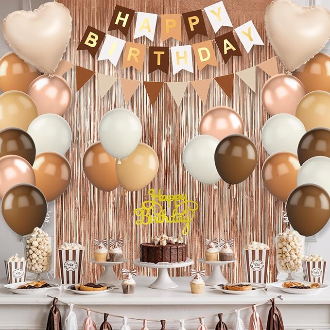 Brown Birthday Decorations,Happy Birthday Banner Beige Cream Neutral Boho Balloons Fringe Curtain Heart Foil Balloons for Women Boys Girls Baby Shower