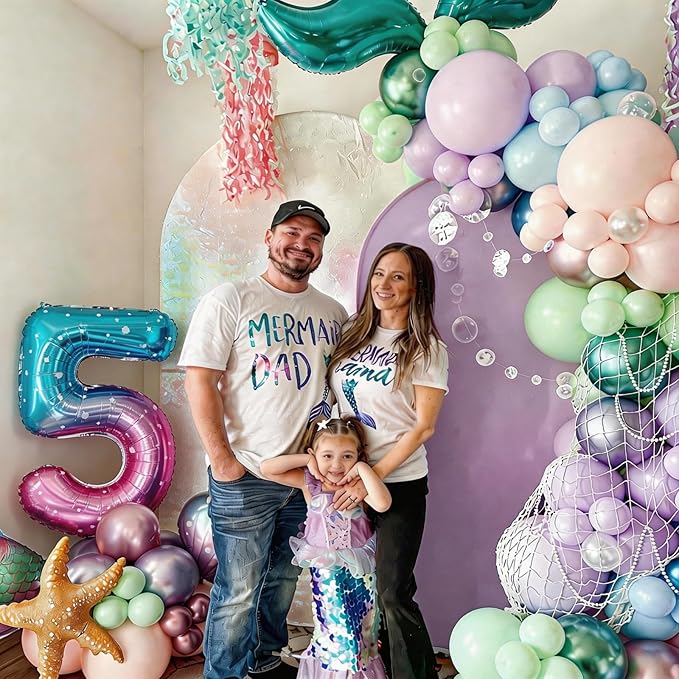 5th Mermaid Birthday Decoration for Girls,Pink Purple Green 5th Birthday Balloon Number 5 Seashell Foil Balloons Banner Mermaid Sea Party Decor Supplies for 5 Year Old