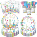 168PCS Happy Easter Plates and Napkins Forks Sets - Disposable Spring Flowers Paper Plates Set Colorful Eggs Themed Round Tableware for Easter Party Supplies Favors Table Decor(Serves 24)