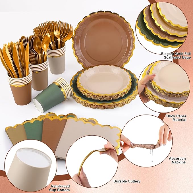 Kochorie 140 PCS Woodland Party Supplies for 20 Guests Disposable Dinnerware Set Includes Scalloped Plates Napkins Cup Cutlery Tableware Set for Birthday Party Wedding Baby Shower Picnic