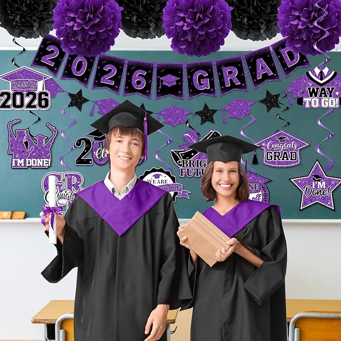 Purple Graduation Decorations, 2026 Grad Banner and Congrats Grad Hanging Swirls, Purple and Black Graduation Banner Graduations Hanging Swirls College Graduations Party Decoration Class of 2026