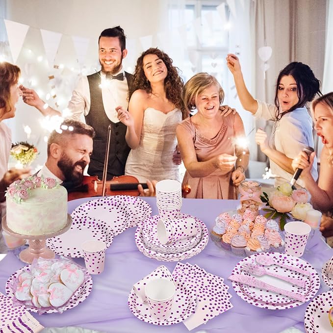 Purple Birthday Plates Decorations Party Supplies,168PCS Disposable Plates for 24 Guests - Purple Polka Dots Decorations for Birthday, Retirement, Wedding