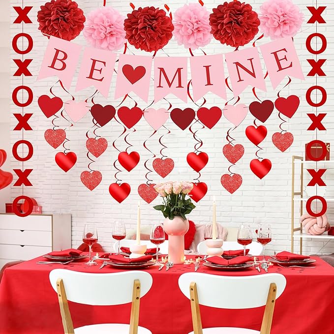 Upgraded Valentines Day Decorations Set Pre-Assembled Hanging Heart Swirls,BE Mine Banner,Heart XO Garlands Banner for Valentines Wedding Engagement Anniversary Party
