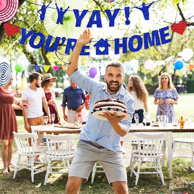Tellpet Pre-Strung Yay! You’re Home Banner, NO DIY Glitter Welcome Home Decorations for Military Army Returning Homecoming Party, Blue