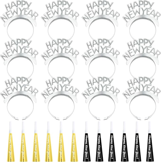 Shappy 24 Pcs 2026 New Year Party Supplies Happy New Year Headband Horn Sounder Noisemakers Eve Party Decorations