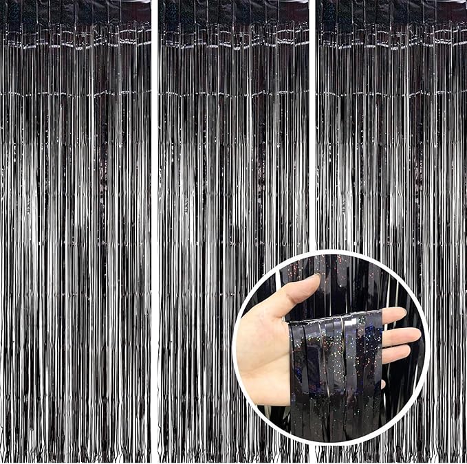 3 Pack Foil Curtain Backdrop 3.3x6.6 ft Tinsel Fringe Curtains for Parties Metallic Streamers Photo Booth Props,Wedding & Birthday,Holiday Decorations Disco,Bachelorette,Door Hanging Decor (Black)