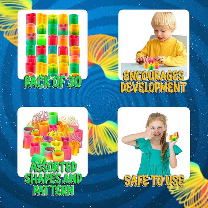 Bedwina Rainbow Spring Toy Assortment - (Pack of 30) Mini Plastic Coil Spring Toy - Bright Colors and Shapes, Goody Bag Filler, Party Prizes and Stocking Stuffers for Kids