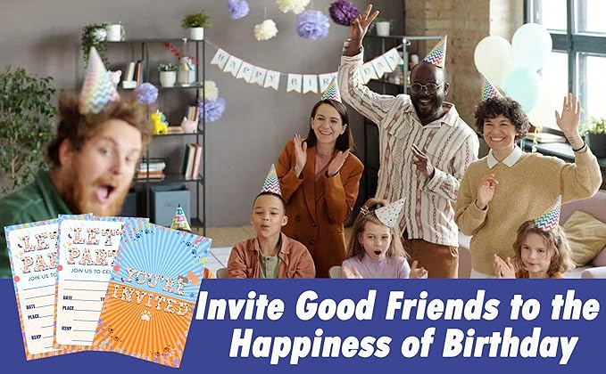 CLIRBE Let's Party Birthday Invitations, Cute Cats Invited Birthday Invitations For Teen Boys Girls, 20 Invites Cards With 20 Envelopes, Party Supplies Favors -H17