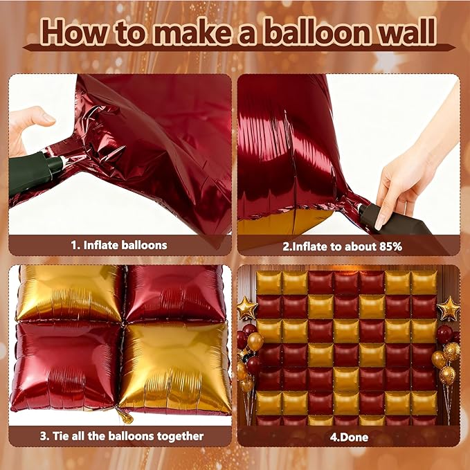 50PCS Metallic Burgundy and Gold Square Balloons Wall,19'' Reusable DIY Mylar Double Balloons Garland Tunnel Arch Kit for Baby Shower Anniversary Bachelorette Birthday Engagement Bridal Decor ﻿