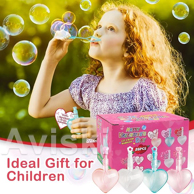 28Pcs Kids Valentines Day Gifts for Classroom - Valentine Cards with Heart Shape Bubble Wands Novelty Toys for Boys Girls Exchange Gifts, Party Favor Prizes, Valentine’s Greeting Gifts