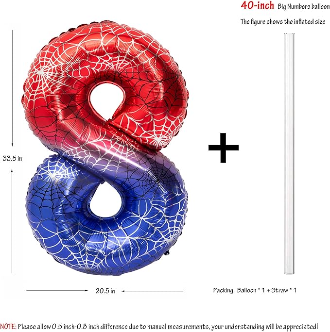 40 Inch Red and Blue Spider Theme Large Number 8 Balloon Giant Foil Birthday Balloons for Spider Theme Party Boy or Girl 8 th Birthday Wedding Anniversary Baby Shower Party Decorations