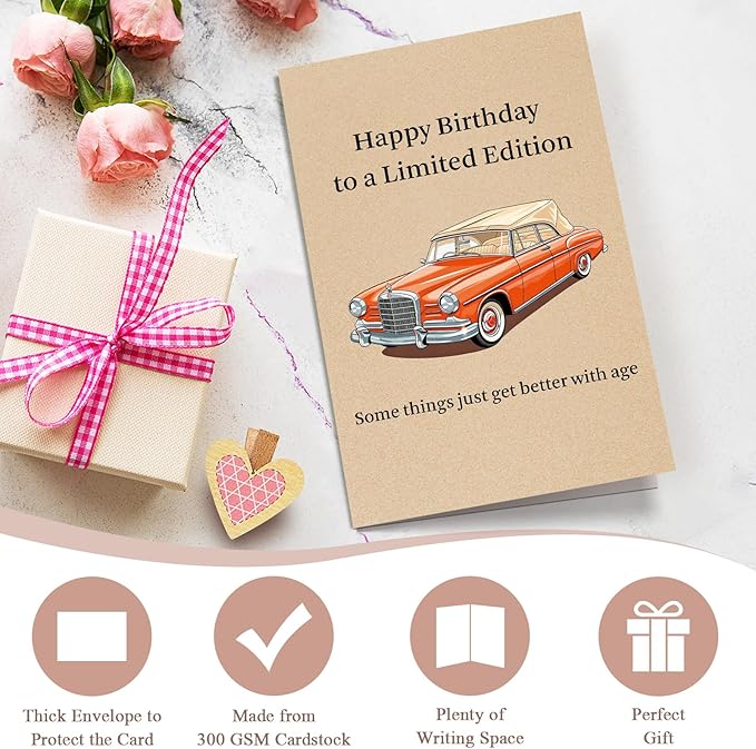 Funny Classic Car Birthday Card for Him Her, Getting Older Birthday Card for Men Women, 50 60 70 80 Years Old Bday Cards Gift, Some Things Just Get Better With Age