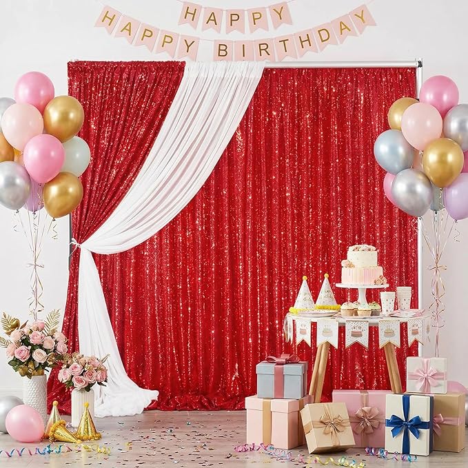 B-COOL Red Sequin Backdrop Curtains 2 Packs 5ftx8ft Wedding Sparkle Backdrop Fabric Glitter Photography Drapes for Party Ceremony Birthday Decoration
