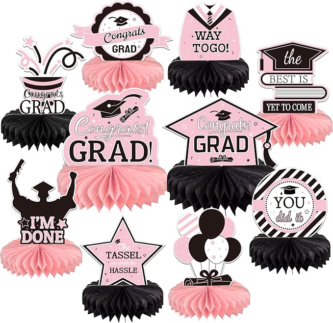 10PCS Graduation Decorations Class of 2025 Centerpieces, Congrats Grad Honeycomb Table Toppers for Graduation Party Favors, 2026 Graduation Party Decorations (10PCS, Pink & Black)