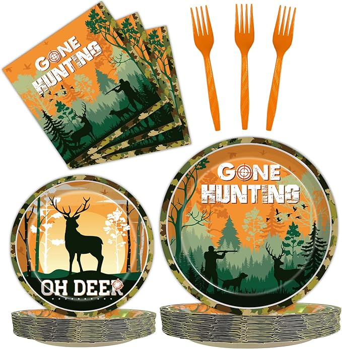 96 Pcs Hunting Camo Party Paper Plates Napkins, Oh Deer Baby Shower Birthday Party Decorations Supplies Disposable Dinnerware Tableware for Boys, Serves 24