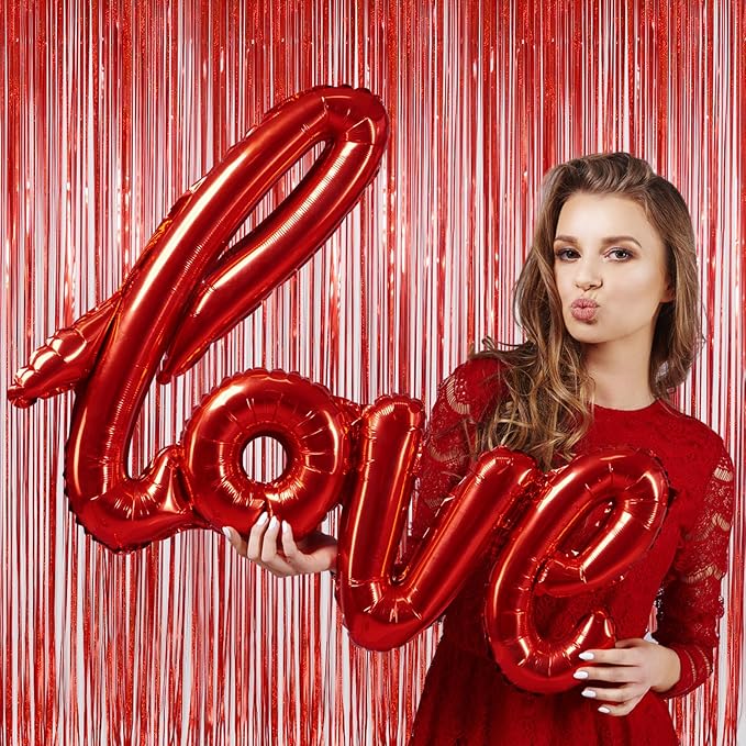 Red Tinsel Curtain Backdrop for Party Decorations - Sparkle Foil Tinsel Fringe Curtains Photo Backdrop Booth (3.2ft x 8ft, 2 Packs)