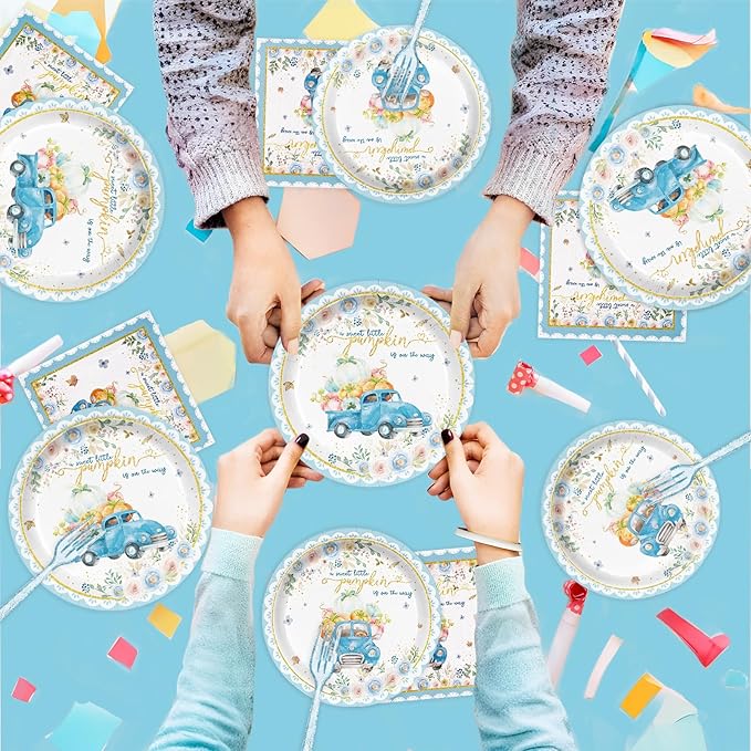 168PCS Blue Pumpkin Baby Shower Party Supllies for Boys Floral Birthday Party Decorations Thanksgiving Tableware Plates Cups Napkins Cups Forks Knives and Straws Dinnerware for 24 Guests