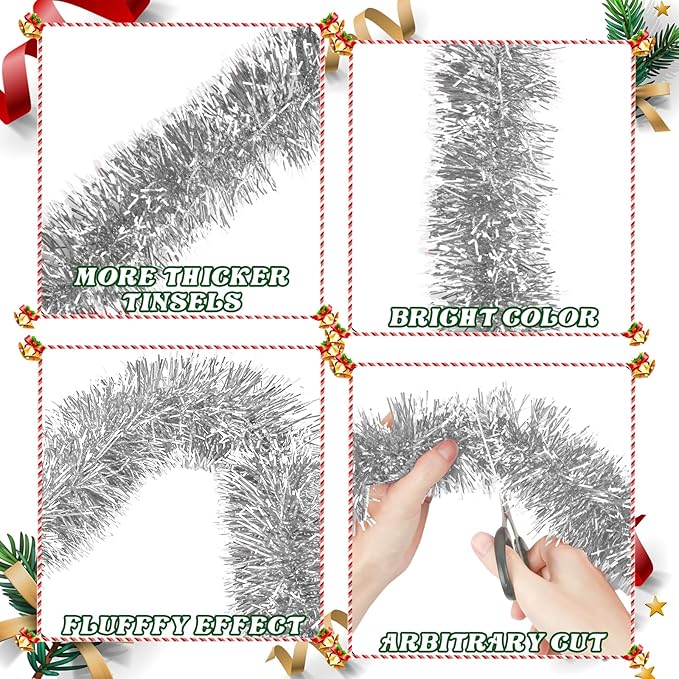 100Ft Christmas Garland - Xmas Tree Decorations, Christmas Tinsel Decorations for Indoor&Outdoor Home Decor, Christmas Metallic Twist Garland Ceiling Hanging Decorations for New Year(Silvery)