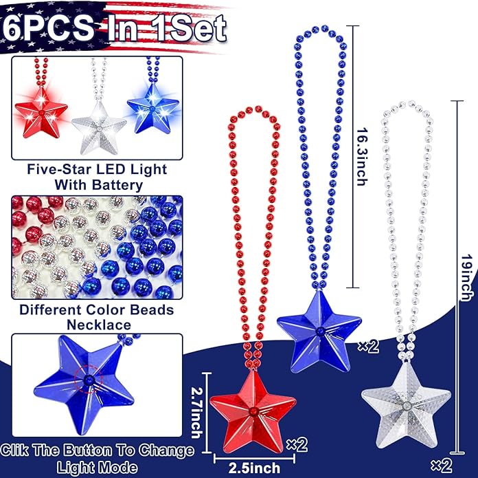 6 Pack 250th Anniversary 4th of July Party Favor LED Light Up Necklaces,Red White Blue Necklaces Accessories Decorations Party Supplies, Patriotic Stars Beads for Adults Kids National Independence Day