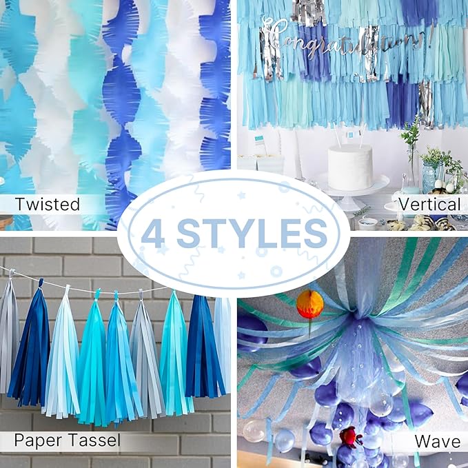 PartyWoo Light Blue Crepe Paper Streamers 4pcs 328ft Pack of Slate Blue Beige White Green Crepe Paper Streamers for Birthday Gender Reveal Baby Shower Mermaid Under The Sea Party Decorations