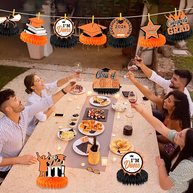 Yisong 9 Pieces 2026 Graduation Party Table Decorations Class of 2026 Congrats Graduation Centerpieces for Tables Congratulate Honeycomb Centerpiece Topper for Grad Party Supplies (Orange)