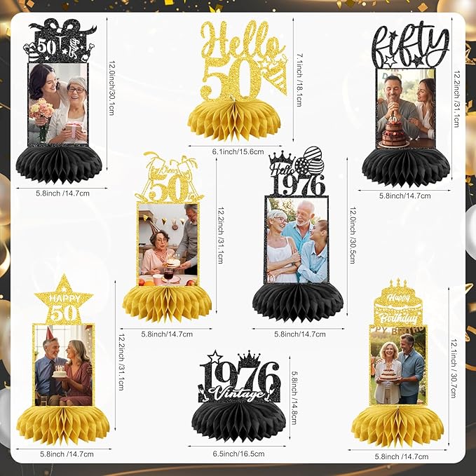 8Pcs 50th Birthday Decoration for Men Women 50th Birthday Table Decorations Cheers to 50th Birthday Honeycomb Centerpieces Table Topper Black and Gold 50th Birthday Party Favors