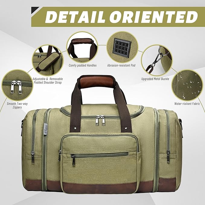 Wolhbege Duffle Bag for Travel,Mens Travel Bag & Carry On Bag for Men with Expandable Design and Luggage Sleeve –Duffel Bag for Gym, Weekender,Canvas,Overnight Trips Green
