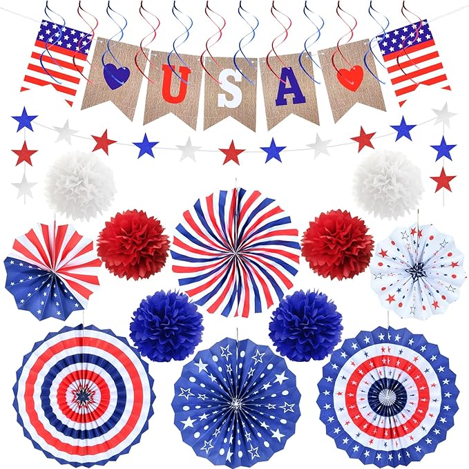 4th of July Decorations Independence Day Patriotic Decor Set - Red White Blue Paper USA Banner Flag Fans Star Streamer Pom Poms for Memorial Veterans Labor Presidents Flag Day Home Parties Accessories